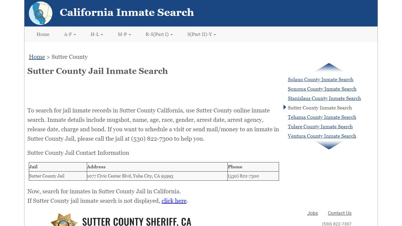 Sutter County Jail Inmate Search